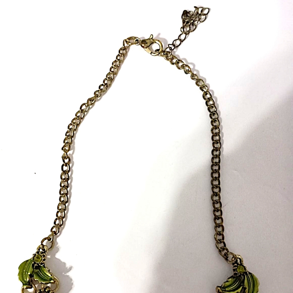 Vintage Rhinestone Floral Leaf Necklace Y Drop Green Gold MCM Fairy‎ Whimsigoth - Picture 6 of 16